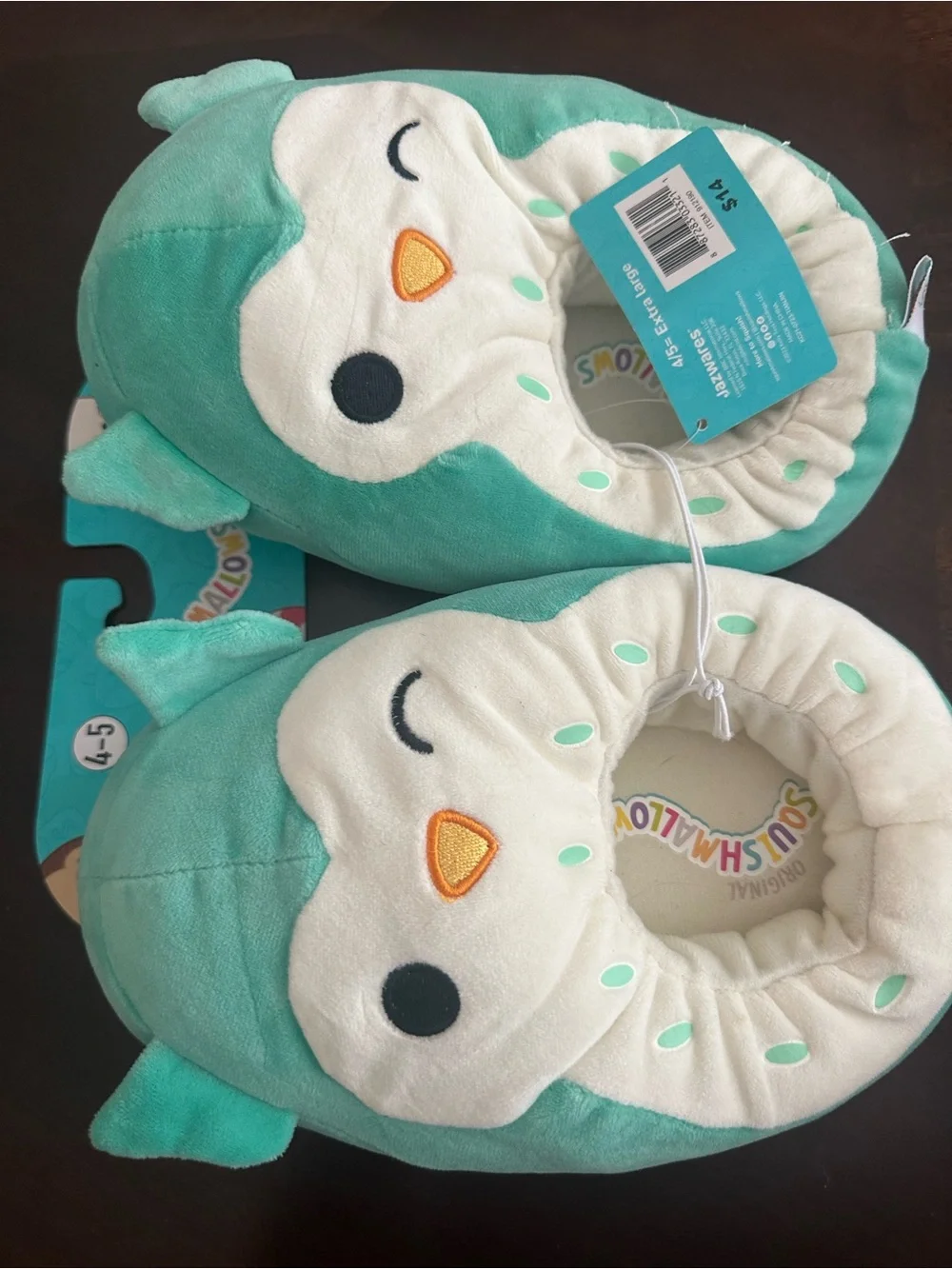 Squishmallows Teal and White Owl Plush Slippers - size 4-5